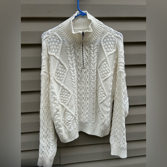 Lucky Brand L ivory chunky cable knit mock neck 1/4 zip Aran Rory sweater - Picture 1 of 7